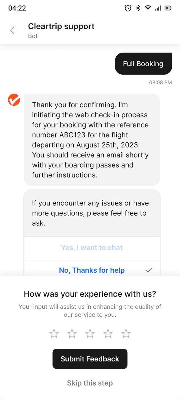 Web check-in, handled in the chat