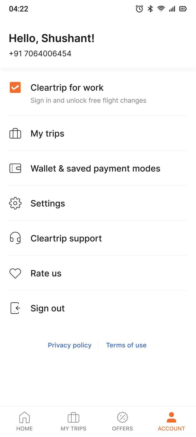 Support in the account page