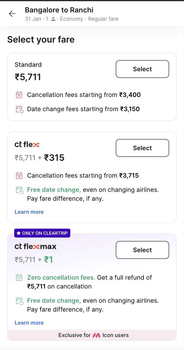 Fare family selection screen
