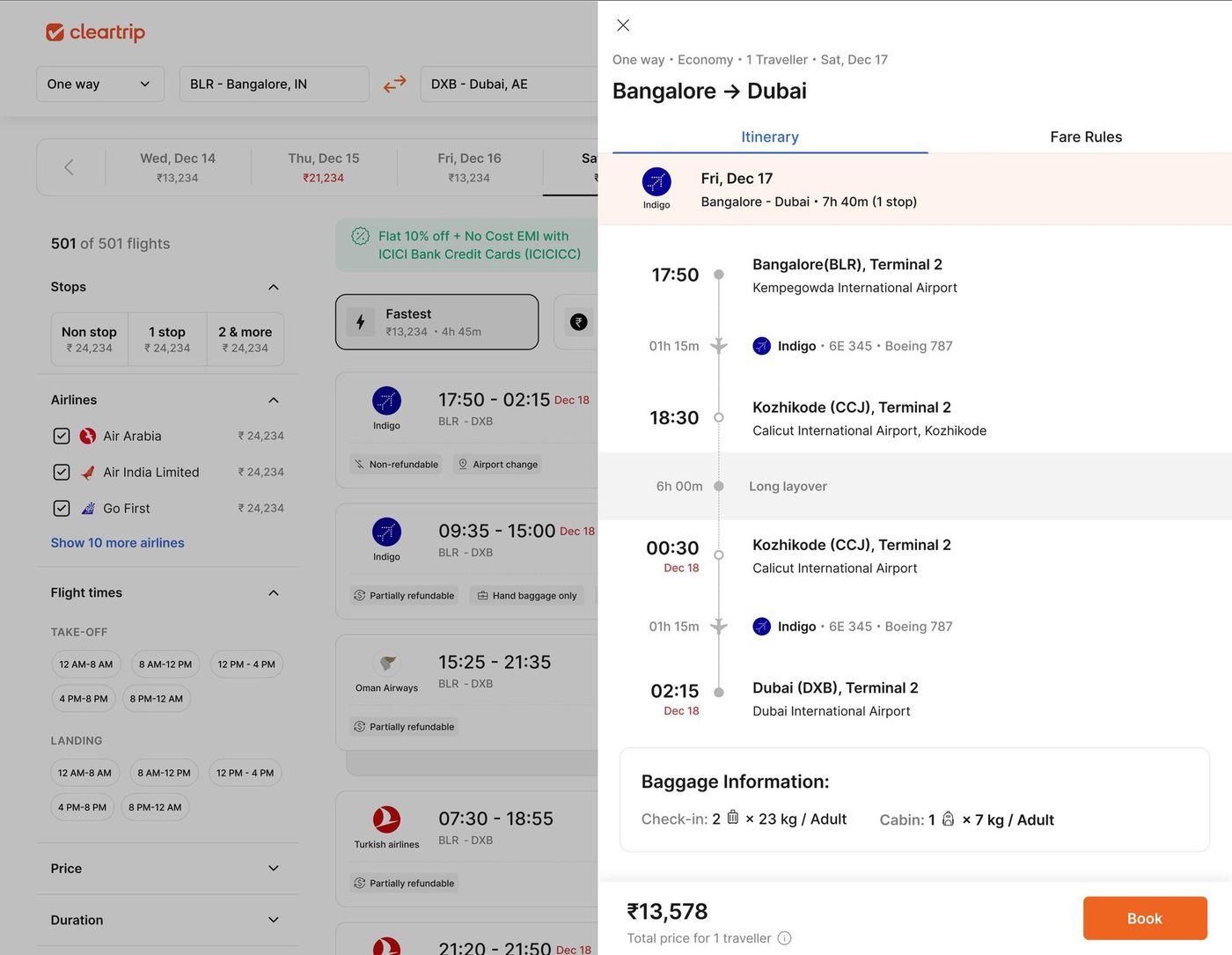 The side sheet, with a fare rules tab