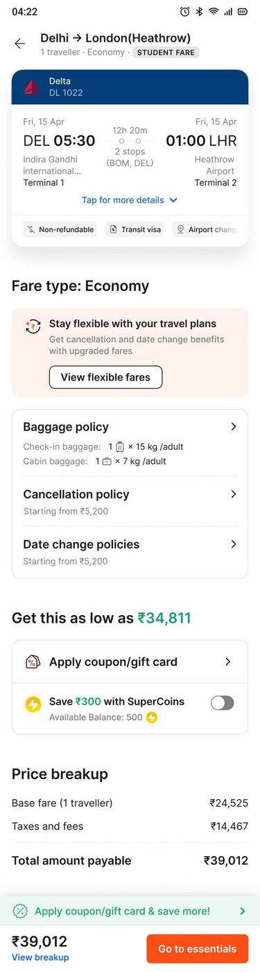 Fare rules and price breakup on mobile