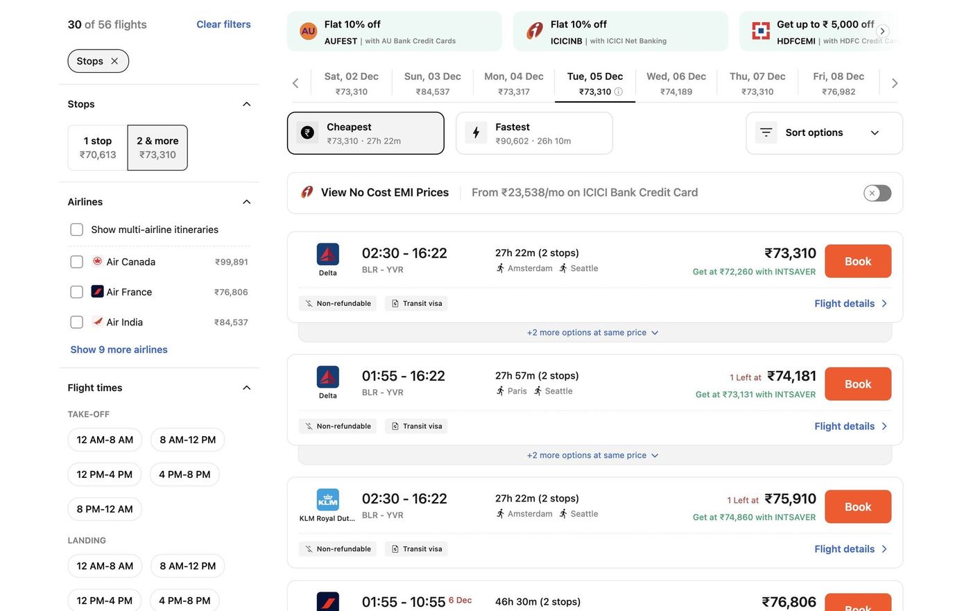 Results with low-cost fare comparison