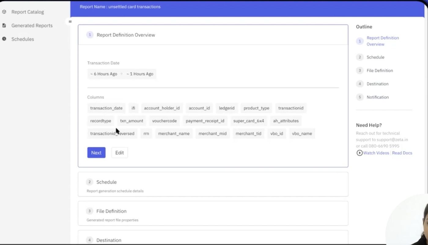 A report definition — columns, schedule, destination