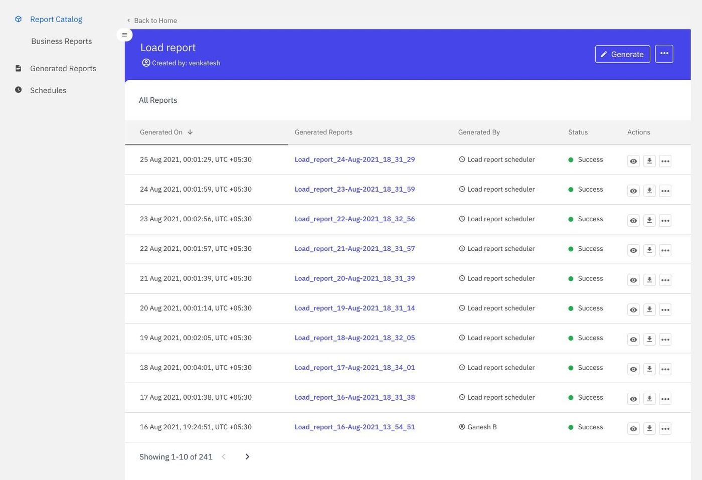 Generated reports, with status and schedule