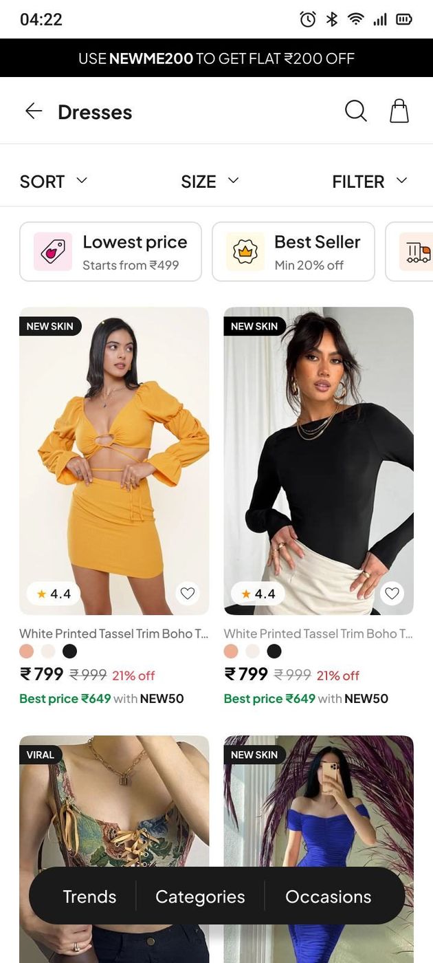 Product cards with ratings, tags and colour variants