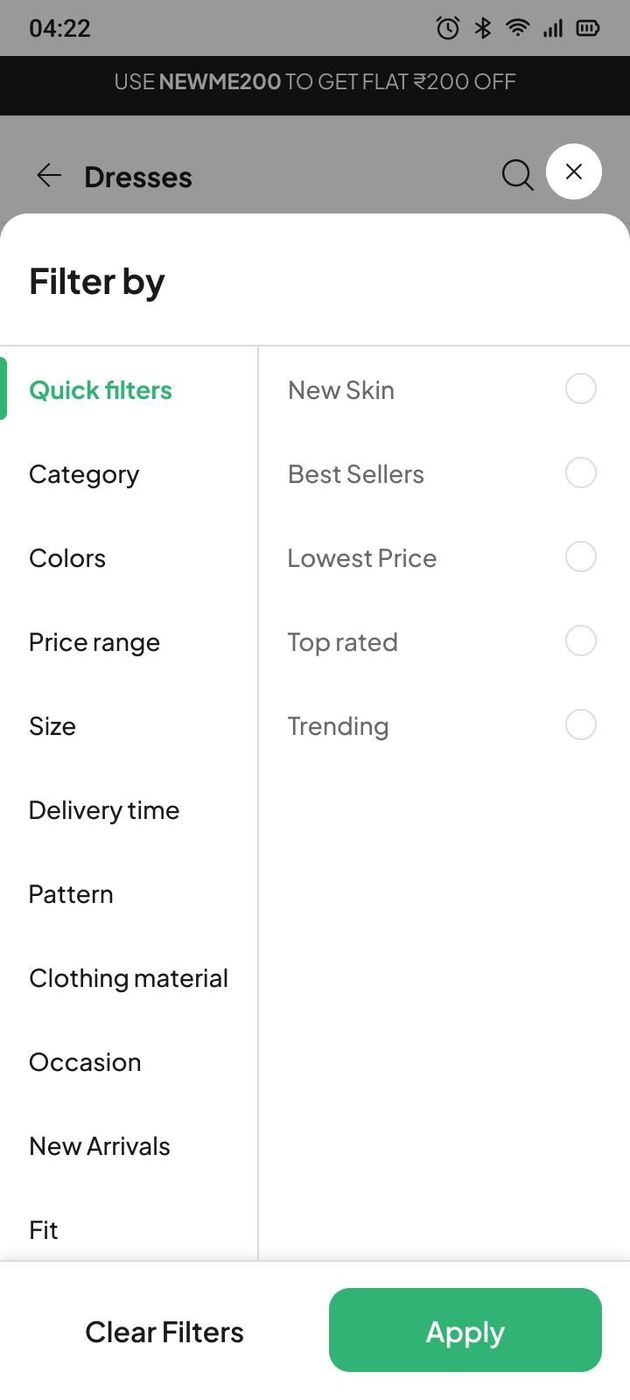 Quick filters panel